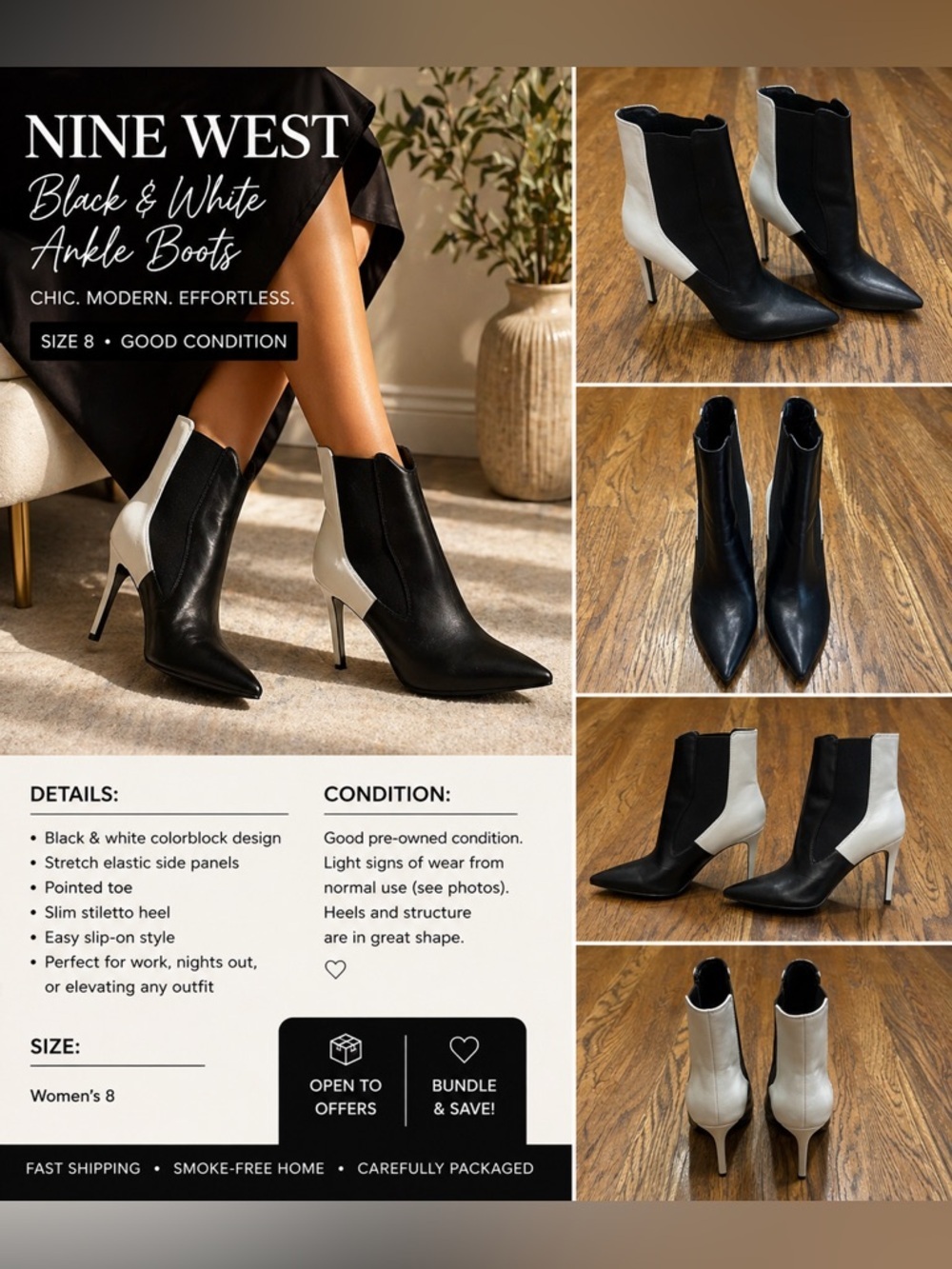 Nine West Black & White Ankle Boots Size 8 Pointed Toe Stiletto Heel Colorblock
